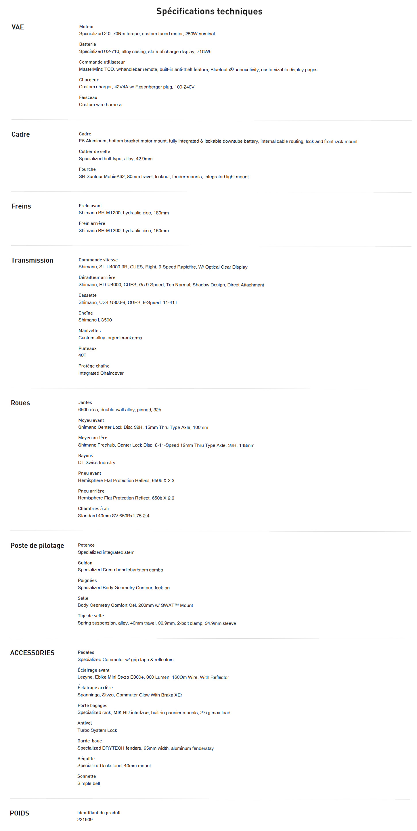 Caracteristique technique du vélo électrique Turbo Como 4.0 année 2025